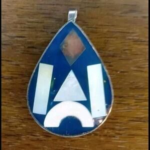 Native American Abalone Tear Drop Vintage Pendant Charm Silver